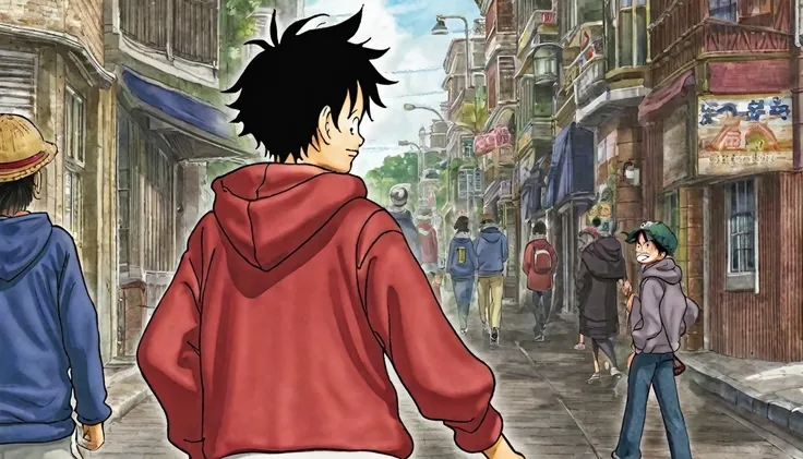 Luffy in a sweatshirt walking down the street