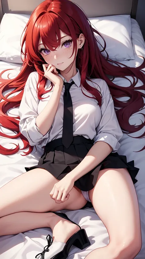 Beautiful woman, full body, red hair, long hair, purple eyes, freckles on face, white shirt, black edges shirt, blue mini skirt, white edges mini skirt, high heels, two color edge mini skirt, lying on the bed, embarrassed