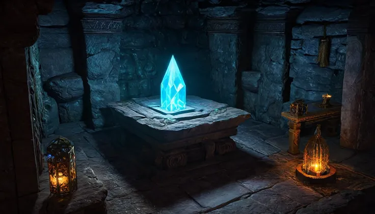 A hidden chamber with an ancient altar and a glowing crystal.