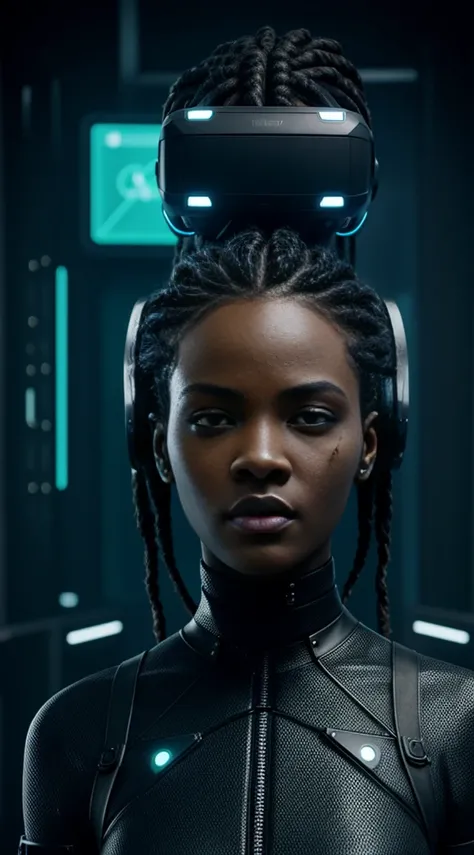 Cyberpunk style, ebony avatar, cyberspace, wireframe, matrix, tron, minimal, abstract, virtual reality, black background, neon lights, virtual interface, looking at camera, (ebony), dreads, sexy, thick, vr headset 