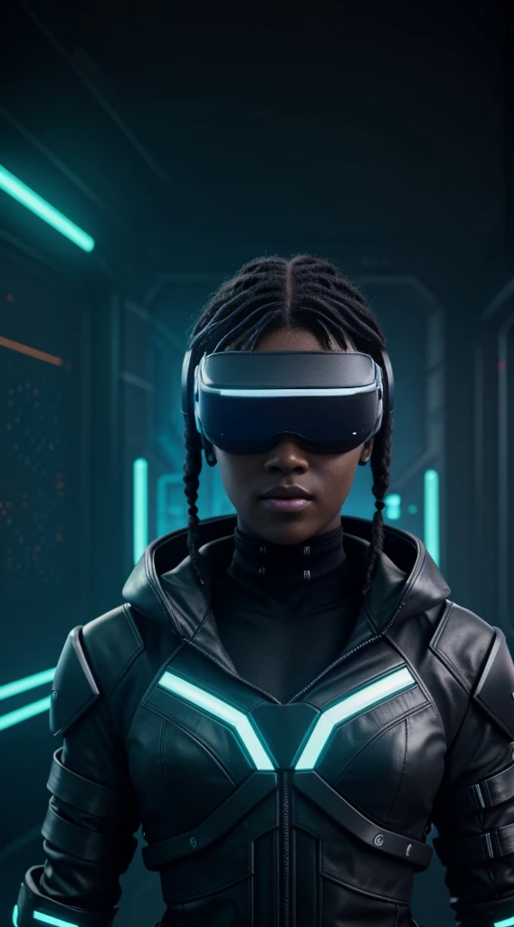 Cyberpunk style, ebony avatar, cyberspace, wireframe, matrix, tron, minimal, abstract, virtual reality, black background, neon lights, virtual interface, looking at camera, (ebony), dreads, sexy, thick, vr headset 