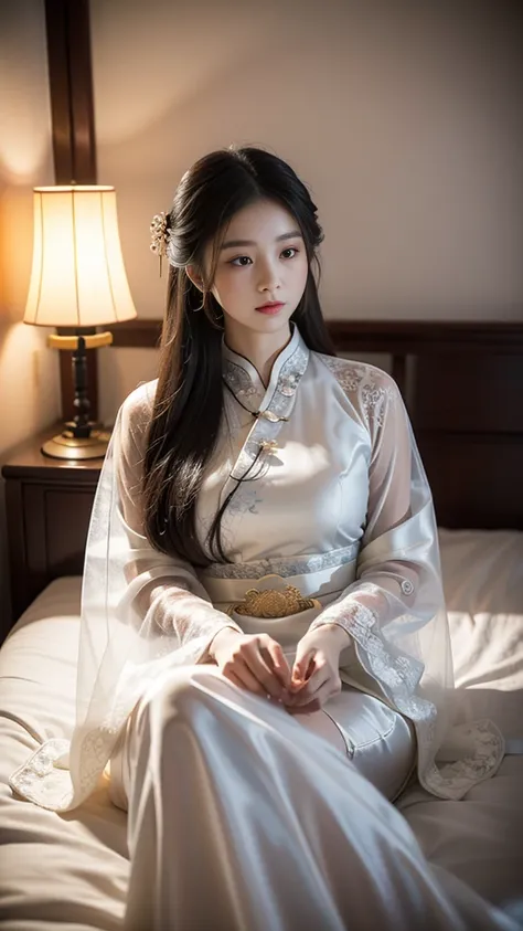 Chinese ancient style，18-year-old beauty，Quiet，Sleeping at the bedside，blushing，Expression，Long legs，White lace hanfu，Sexy，Antique long dress，Dark background，Ancient style house，Large bust，Depiction，enchanting。Masterpiece，8K，Very close observation，细致Depict...