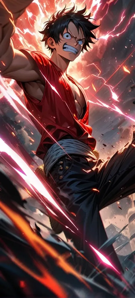  High quality, ,absurdres, highres, ultra detailed, HDR, masterpiece, extremely detailed face and eyes,  Luffy , One Piece,, Black hair ,red shirt, solo, ,man, handsome, ,, Epic fight scene, red splashing effect,red lightning  effect,glowing glitters , ful...