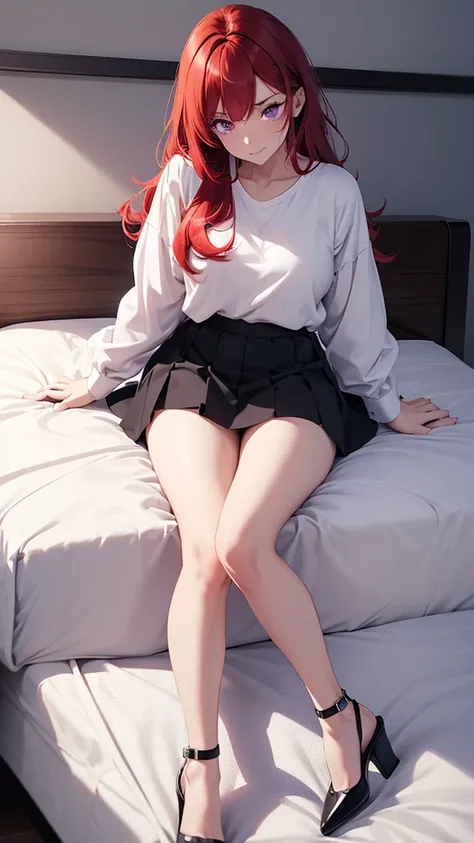 Beautiful woman, full body, red hair, long hair, purple eyes, freckles on face, white shirt, black edges shirt, blue mini skirt, white edges mini skirt, high heels, two color edge mini skirt, lying on the bed, embarrassed