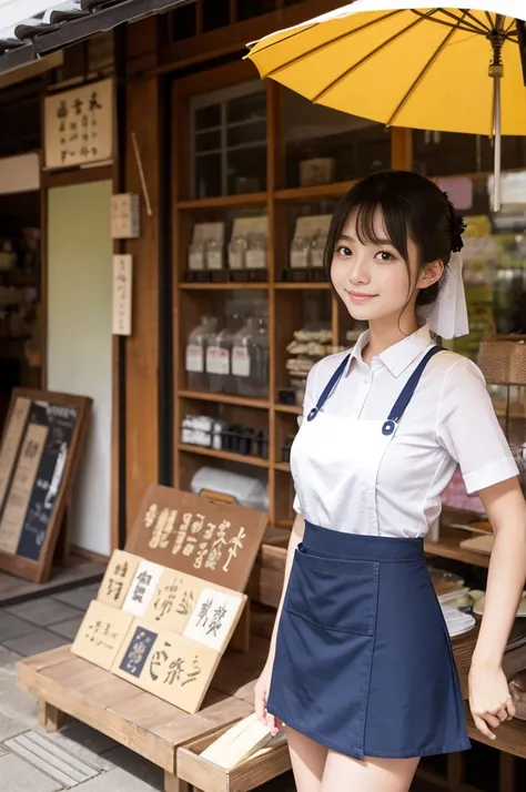 21 years old girl (Japanese cute face) wearing mini skirt and apron and working at shop selling umbrella and parasol