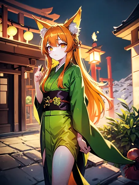 Anime girl with green long hair kitsune Mimi wear kimono yukata hakama, matcha green long hair, kitsune mimi, kemono mimi, kemo mimi, detail eyes (red brown yellow orange fox eye), shining eye, glowing Cristal eye, piercing glowing eye, beautiful eye.japan...