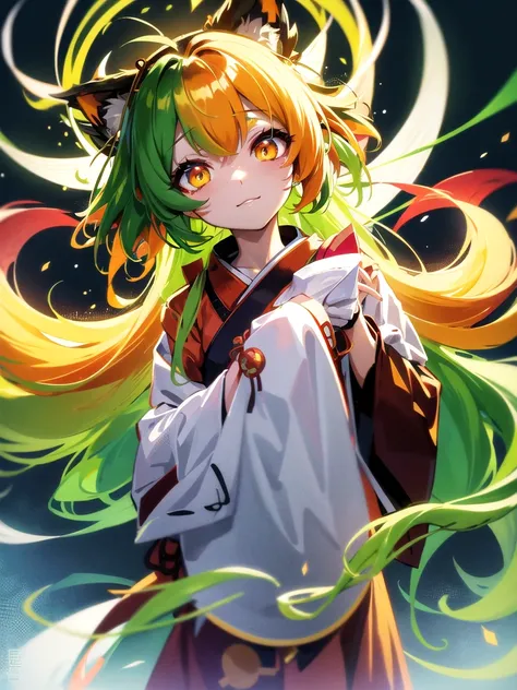 Anime girl with green long hair kitsune Mimi wear kimono yukata hakama, matcha green long hair, kitsune mimi, kemono mimi, kemo mimi, detail eyes (red brown yellow orange fox eye), shining eye, glowing Cristal eye, piercing glowing eye, beautiful eye.japan...