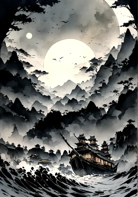 Chinese landscape painting，ink and watercolor painting，water ink，ink，Soil，Vision，Ultra-wide viewing angle，meticulous，Low saturation，Low contrast，Night Rendering，Night view，Sea level rise，moon也上升，The boat has passed thousands of mountains，moon，Small boat，Bi...