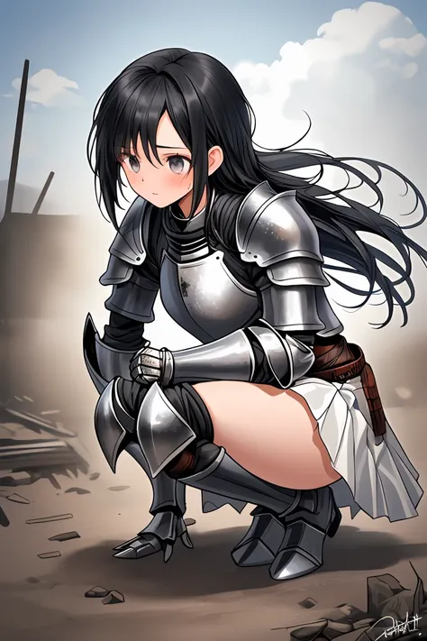 female knight　Black Hair　armor　Torn white skirt　No underwear　battlefield　squat