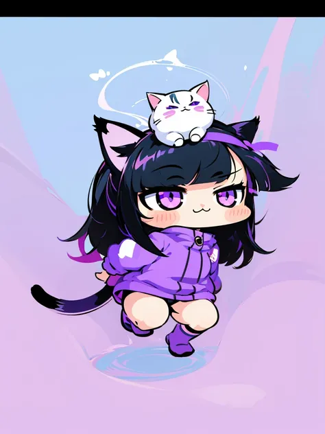 a close up of a cartoon character with a cat on her head, cute purple anime catgirl, anime moe artstyle, anime catgirl, chibi, mihoyo art style, anime cat, ruan cute vtuber, advanced digital chibi art, anime stylized, chibi anime girl, kawaii chibi, nekomi...