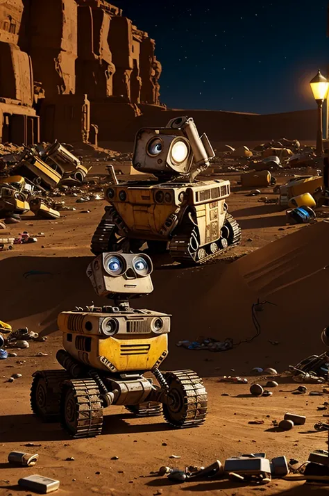 Wall-e playing as a dj playing in a desert with garbage at night for cockroaches