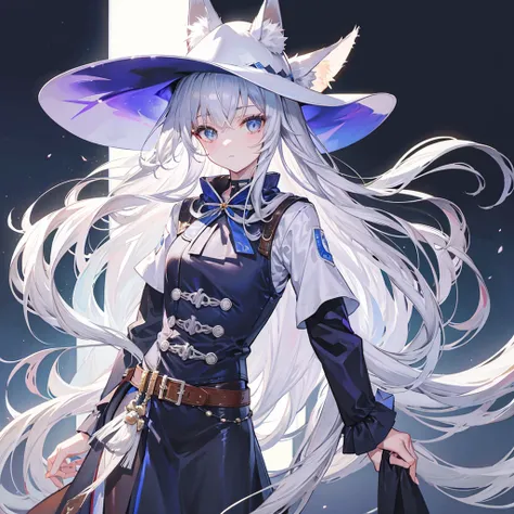 western background , silver hair, long hair, pretty face ,Cowboy hat, white fox ears  , 