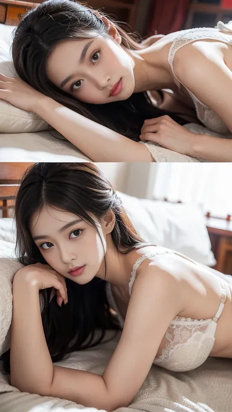 Chinese ancient style，18-year-old beauty，Quiet，Lie on your stomach at the head of the bed，blushing，Expression，Long legs，White lace hanfu，Sexy bra，Dark background，Ancient style house，Large bust，Depiction，enchanting。Masterpiece，8K，Very close observation，细致De...