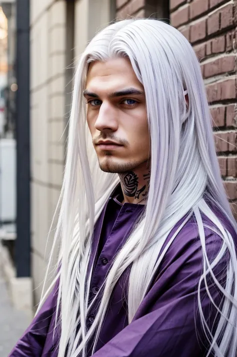 A boy with long white hair with purple eyes and tattoos.