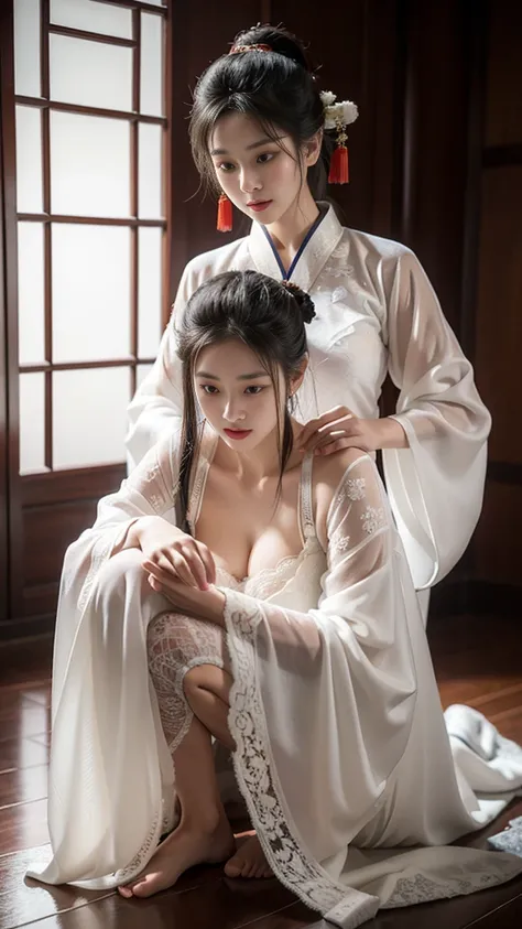 Chinese ancient style，18-year-old beauty，Quiet，Kneeling on the ground，blushing，Expression，White lace hanfu，Sexy bra，Dark background，Ancient style house，Large bust，Depiction，enchanting。Masterpiece，8K，Very close observation，细致Depiction