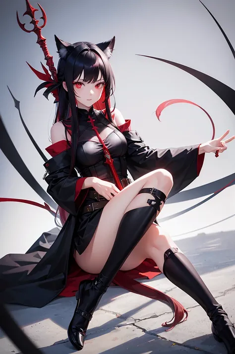 masterpiece,best quality,1girl,solo ,red eyes,black hair, red hair, beautiful, graature,adult,⁶⁶llll see⁶evil,tail,holding a black and red spear