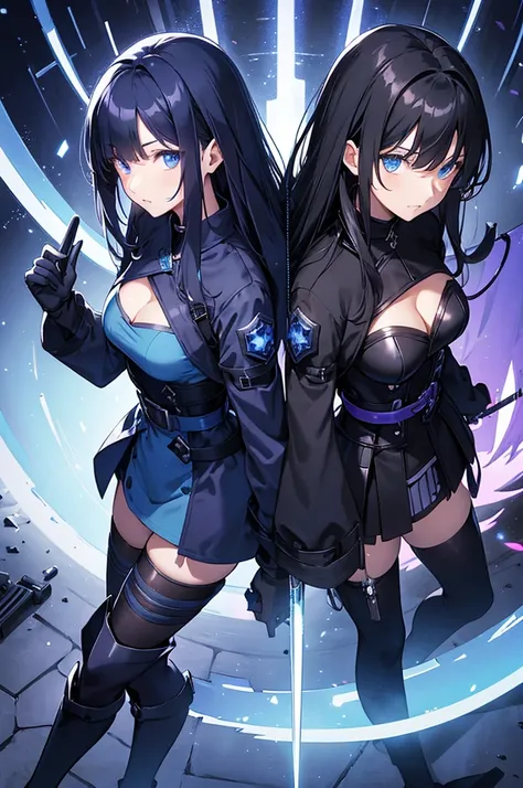 best quality, masterpiece, unit of two blue glowing saws behind waist, long black coat, long black hair, black cyhive boots, purple narrow eyes, two blue glowing swords, beautiful anime girl, portrait, from above