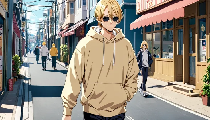 Sanji in a sweatshirt walking down the street 