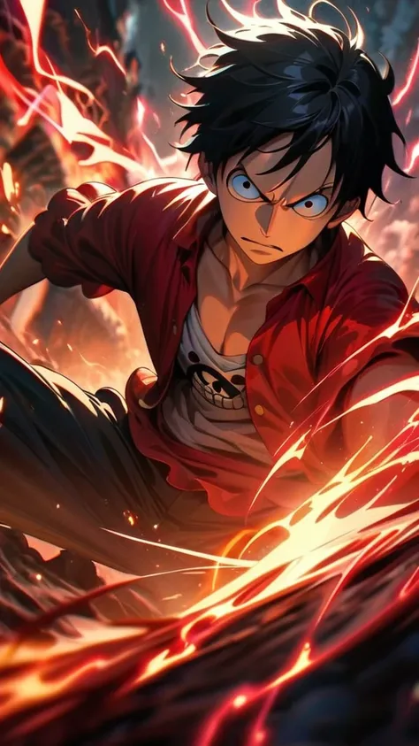  High quality, ,absurdres, highres, ultra detailed, HDR, masterpiece, extremely detailed face and eyes,  Luffy , One Piece,, Black hair ,red shirt, solo, ,man, handsome, ,, Epic fight scene, red splashing effect,red lightning  effect,glowing glitters , ful...