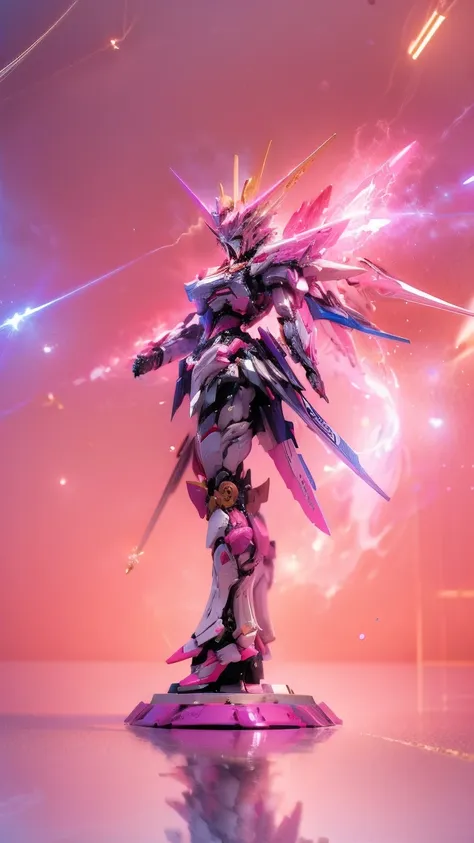 real、high resolution、8k、the strike freedom gundam stands in space emitting pink light particles.、particles of light surround the...