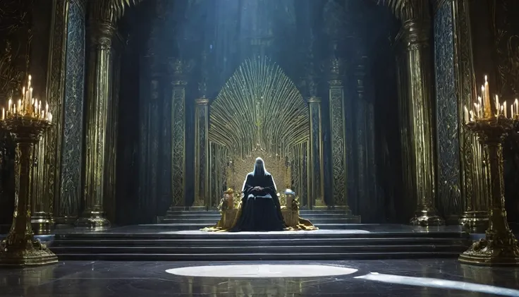 A grand throne room with a spectral human figure on the throne.