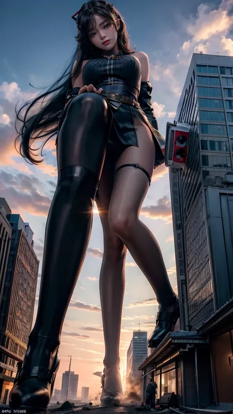 ground View，giantesscity,giant girl 50 feet high，Have a pair of ultra long legs,(bending down),(antevert),a pair of huge breasts，Princess，mini skirt,black silk socks，Has black waist-length hair，Wearing a pair of Mary Jane heels，A look of enjoyment，standing...