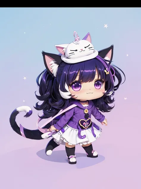 a close up of a cartoon character with a cat on her head, cute purple anime catgirl, anime moe artstyle, anime catgirl, chibi, mihoyo art style, anime cat, ruan cute vtuber, advanced digital chibi art, anime stylized, chibi anime girl, kawaii chibi, nekomi...