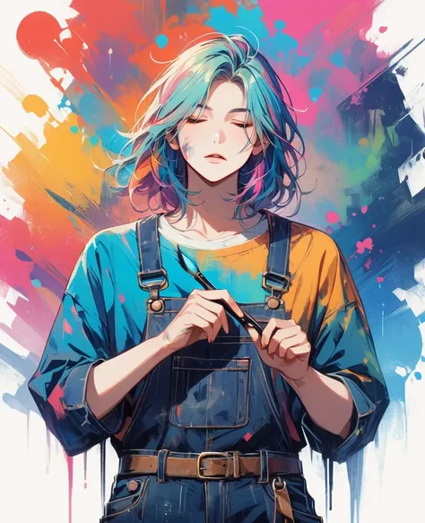 (work of art, better quality:1.2), 1 man, alone, wear dirty overalls., with brush and palette in hand. short, colorful and dream...