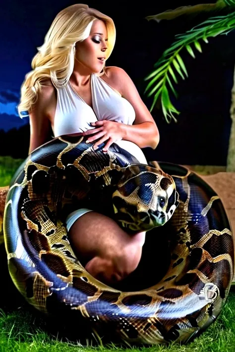 Pregnant Happy Horny, aroused 1girl), beautiful kneeling blonde young teen girl  with  giant colossal black titanboa squeezing her hard, wrapped in thick spiraling coils, constricted, struggle, gasping for air, snake attack, snake peril, moonless night, di...