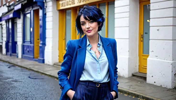  with short dark blue hair with blue highlights and worn pants and a blouse and a coat