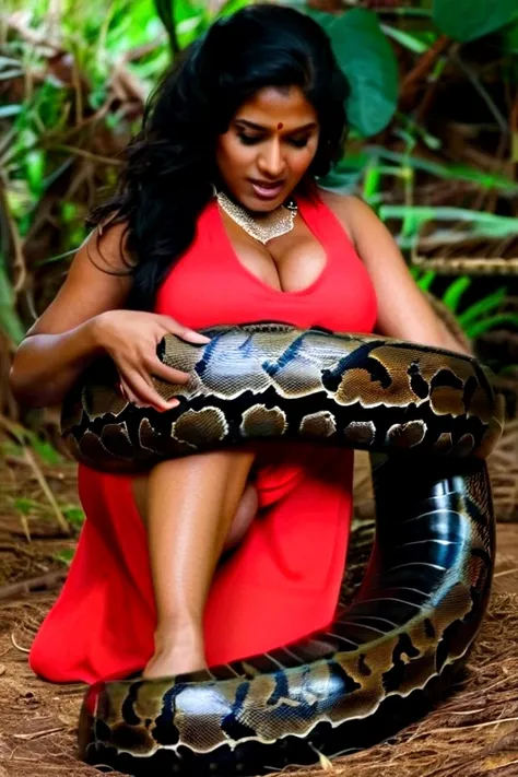 Pregnant  Happy Horny, aroused 1girl), beautiful kneeling Indian young teen girl  with  giant colossal black titanboa squeezing her hard, wrapped in thick spiraling coils, constricted, struggle, gasping for air, snake attack, snake peril, moonless night, d...