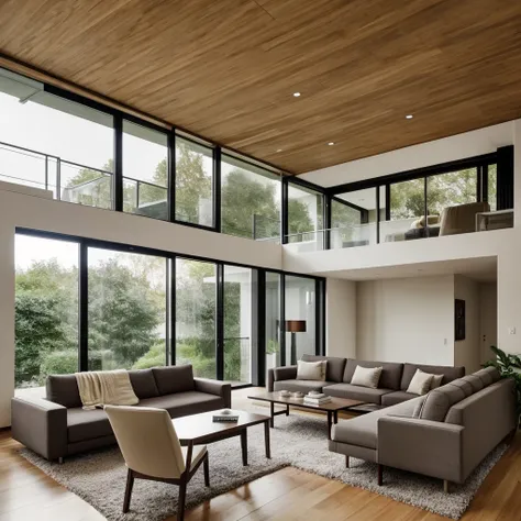 A double-height ceiling living room with one side being a regular wall decorated with simple ornaments, and a large, floor-to-ceiling window without curtains on another side. Outside the window, there is a garden. The living area is furnished with plush, c...