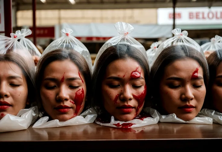 Several decapitated heads of beautiful women in transparent plastic bag, wrapped clear plastic, on a table, in a public market, full of blood, blood flowing, ((eyes closed)), bleeding, photorealistic, 4K, Nikon, horror, public market, beautiful asian face