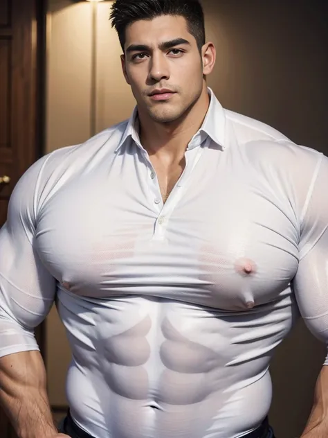 Male, handsome, young, (((gigantic pecs:1.2))), (tight clothing:1.2), white buttoned up shirt