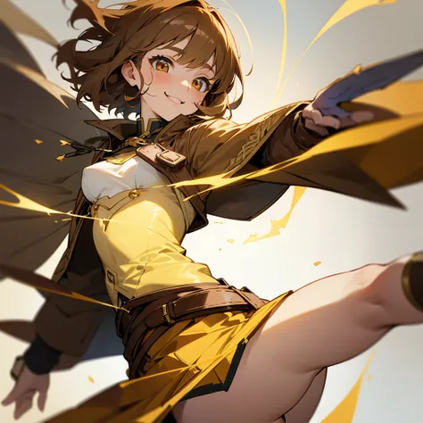 beautiful girl, cute face, perfect anatomy, short light brown hair, golden eyes, wearing an adventurers outfit, wearing skirt, wearing a coat, with a great smile of gratitude, with a bleeding wound in the face, small breasts, big thighs, anime style.