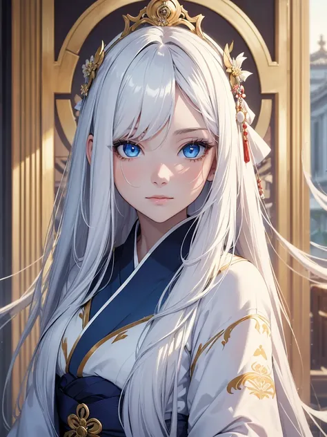 (8K, Best Quality, Masterpiece, Ultra High Resolution) 1 Girl, Woman, Beautiful Eyes, Face Details, White Hair, Long Hair, Flowy Hair, Blue Eyes, Pale Skin, Royal Kimono, White Kimono, Gold Details, Heavenly Palace, Best Quality, Upper Body, Looking at the...