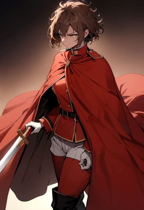 Masterpiece, detailed, Best Quality , girl with brown hair , short hair, yellow eyes, red royal guard uniform , messy hair, Alone , long cape , serious , long boots , white gloves , sharp sword , elegant , strong , high , good body , 20 years , guard pants...