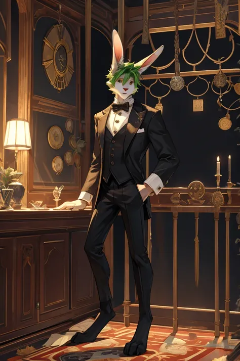 white fur, green hair, ((top hat)), black vest, long ears, rabbit, droopy ears, male, pocket watch, long legs, digitigrade legs, (tall:1.9), ((no pants)), no sleeves, lanky, has a deck of cards