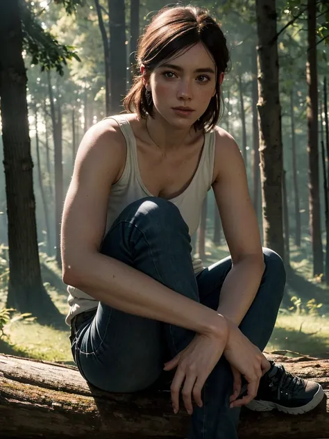 ellie, tlou2, portrait, sitting on a log, the forest, sun rays, looking at the viewer, award-winning, (8 k, raw photo, best qual...