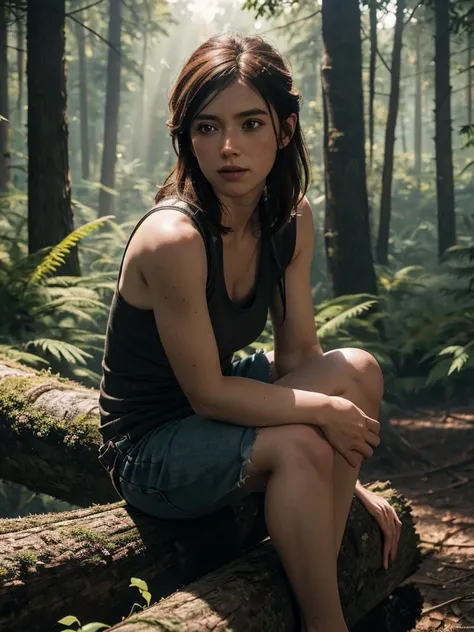 ellie, tlou2, portrait, sitting on a log, the forest, sun rays, looking at the viewer, award-winning, (8 k, raw photo, best qual...