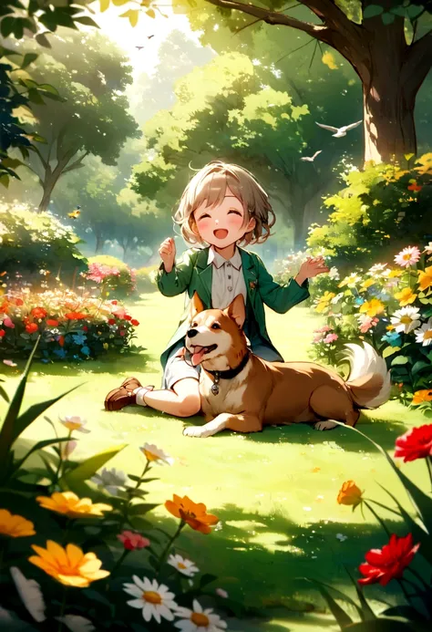 Using artificial intelligence to create images with high levels of detail. This scene is meant to depict a happy child playing with his dog in the garden，The garden is dotted with bright flowers and lush trees. Birds must be flying in the sky, Increased th...