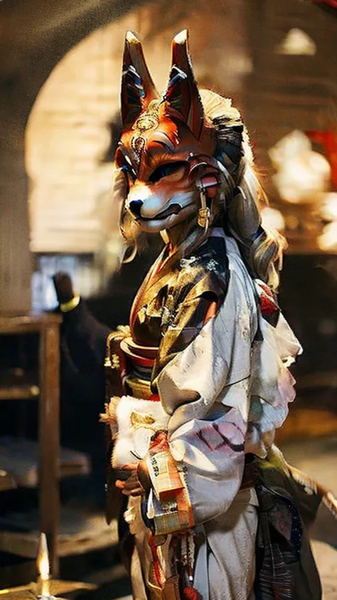 woman、the head of a fox、 the face is like a fox、the body is a kimono、japan、outside、beautiful views