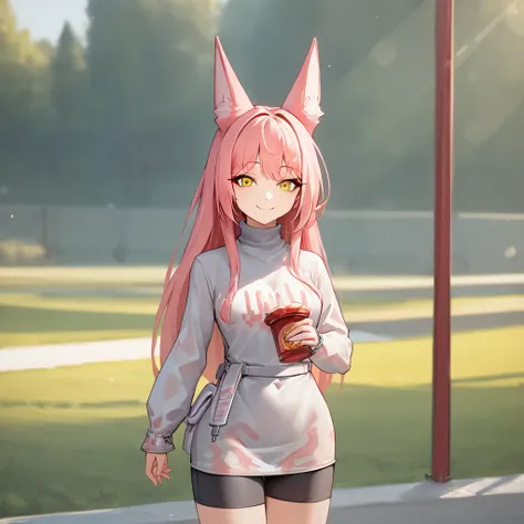 score_9, score_8_superior, score_7_superior, sauce_Anime BREAK 1 Girl, alone, Are standing, Wide Hips, smile, Leona, Pink Hair, Long Hair, Animal ears, Yellow Eyes, Removable sleeves, See-through sweater, turtleneck, Sweater dress, Play sports often, White...