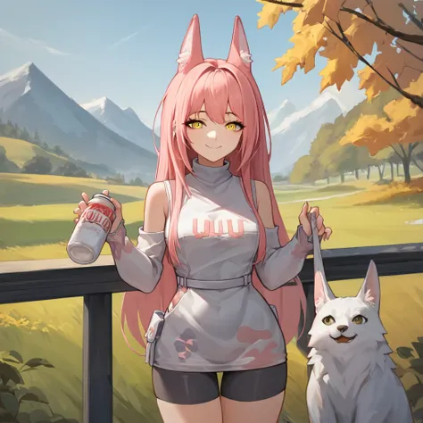 score_9, score_8_superior, score_7_superior, sauce_Anime BREAK 1 Girl, alone, Are standing, Wide Hips, smile, Leona, Pink Hair, Long Hair, Animal ears, Yellow Eyes, Removable sleeves, See-through sweater, turtleneck, Sweater dress, Play sports often, White...