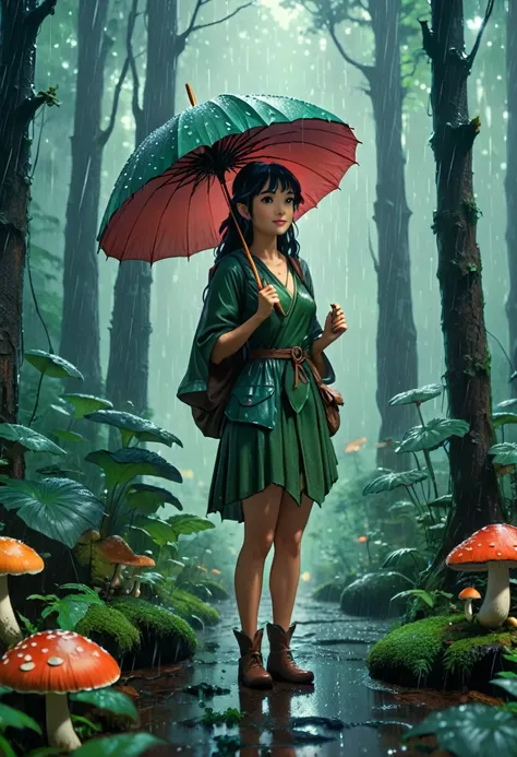 detailed, 8K, Movie angle, in the rain、A fairy woman holding a mushroom umbrella stands in the forest。. 