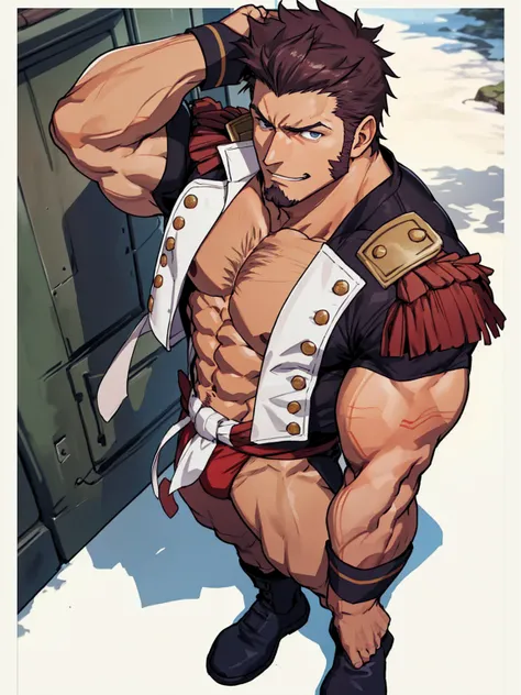 (Passionate, romantic), (Bara hunk with bulging muscles and rugged features, anatomically correct), (Best quality anime Fate), Napoleon Bonaparte from Fate, military uniform, showing off, (full body portrait), (fundoshi)