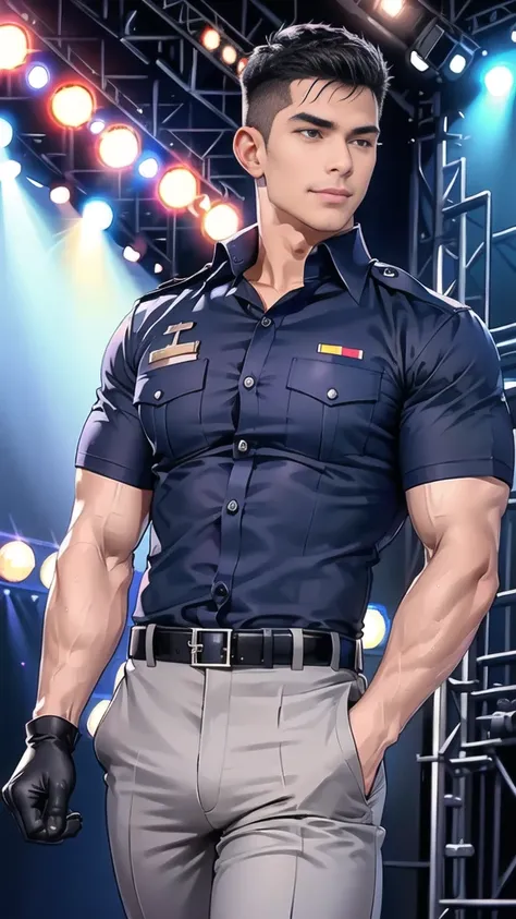 handsome man,(crew cut short hair:1.2),black eye,smile,
(navy police uniform:1.2),(shirt short sleeves:1.2),collar,(shirt covered over:1.2),(name tag and Police badge:1.2),(shirt no buttons:1.1),(black_gloves:1.3),
(Navy blue cargo:1.2),Korean guy,korean m...