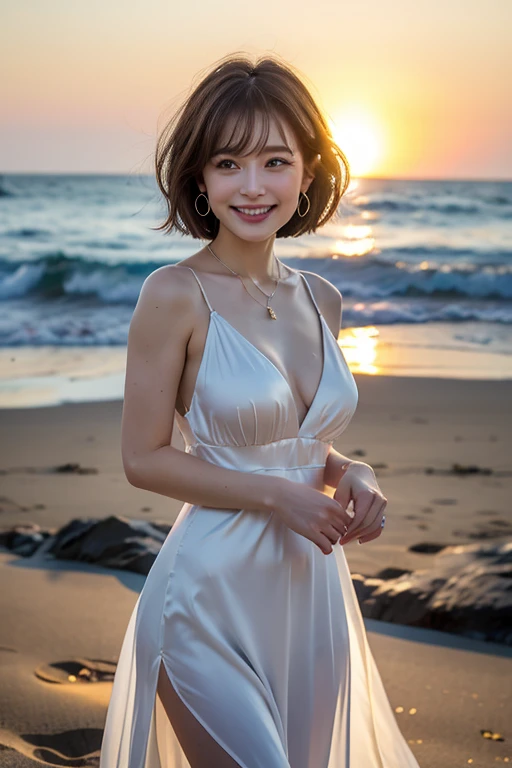 ((Highest quality)),Photo quality、Japanese、female、Standing on the sand at the beach、((The setting sun is visible in the background))、((A magical moment when the sun goes down))、White silk long dress、The backlighting makes the lines of her body visible、Earr...