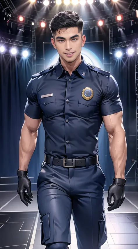 handsome man,(crew cut short hair:1.2),black eye,smile,open mouth
(navy police uniform:1.2),(shirt short sleeves:1.2),collar,(sh...