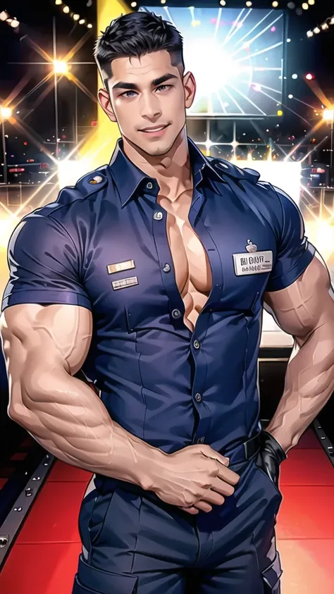 handsome man,(crew cut short hair:1.2),black eye,smile,open mouth
(navy police uniform:1.2),(open shirt short sleeves:1.2),collar,(shirt covered over:1.2),(name tag and Police badge:1.2),(shirt no buttons:1.1),(black_gloves:1.3),
(Navy blue cargo:1.2),Kore...